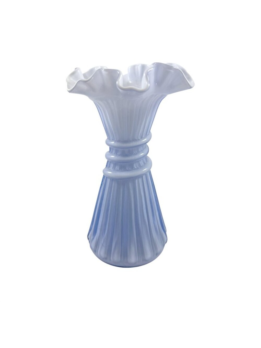 Fenton Wheat Vase Periwinkle Blue White Cased Art Glass Ruffled Edge Vtg 1980s